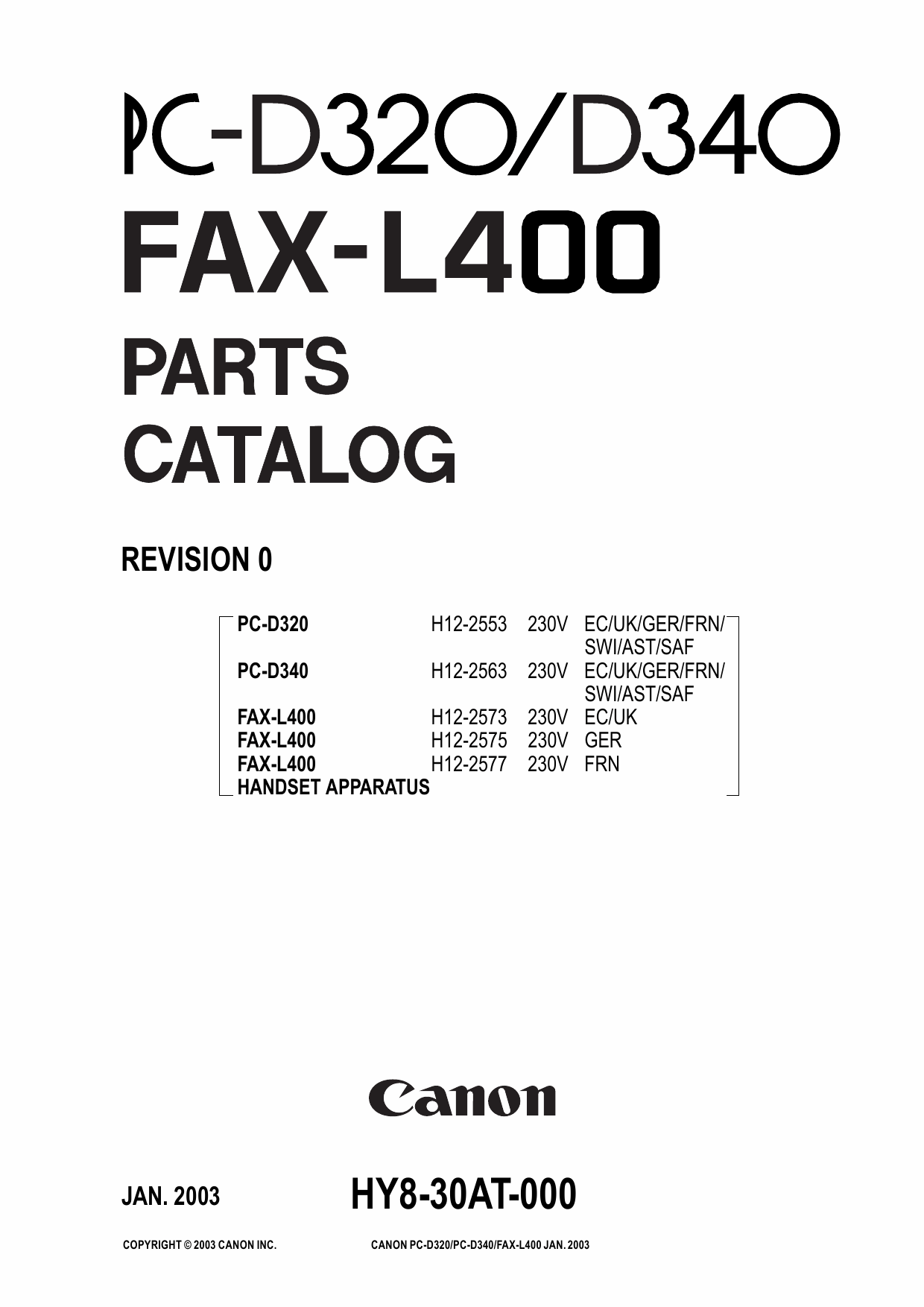 Canon FAX L400 Parts Catalog Manual-1